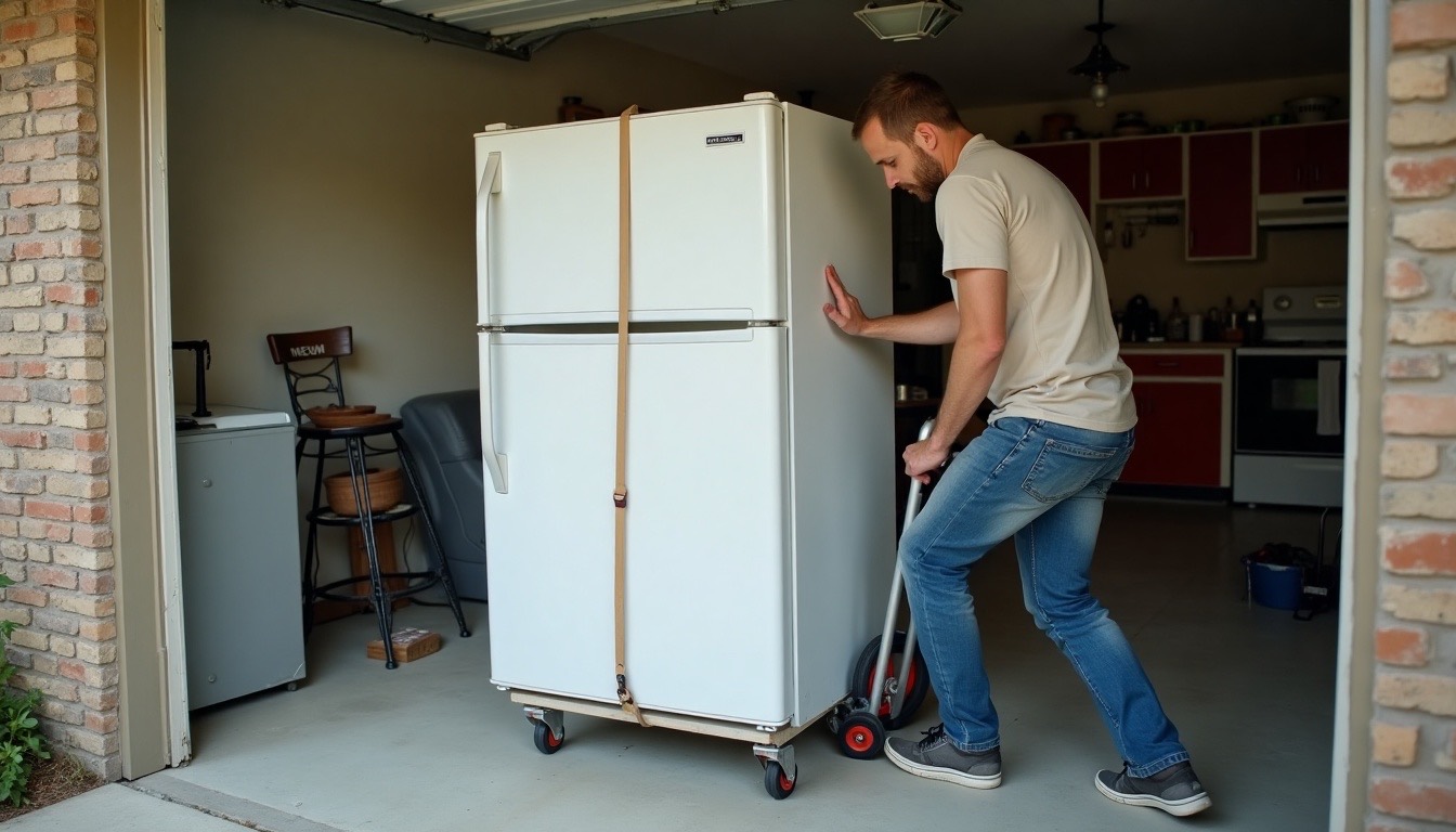 Worker strapping an old white refrigerator to an appliance dolly on a garage floor