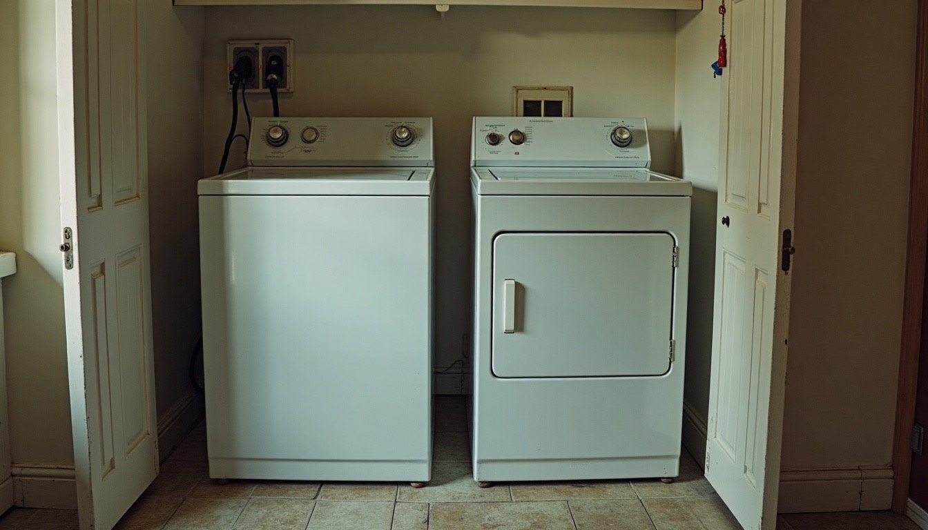 Old top-load washer and dryer pulled out from a laundry nook with the hoses disconnected