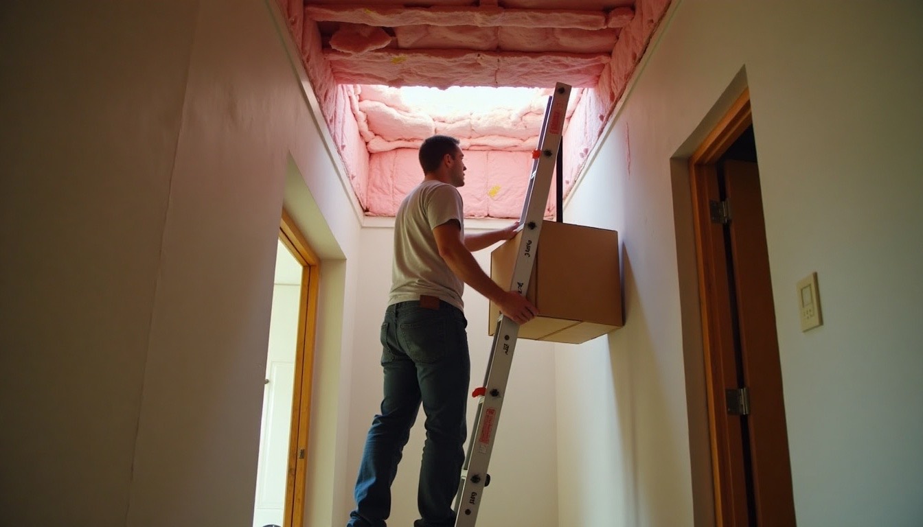 Worker handing a dusty cardboard box down a pull-down attic ladder