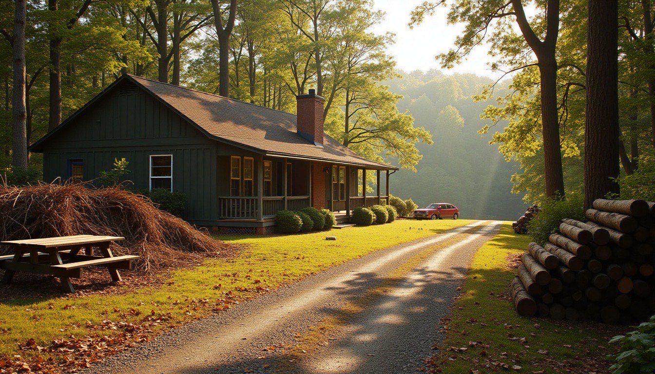 Acreage home at the foot of a wooded mountain with a brush pile, an old picnic table and fence posts at the end of a gravel drive