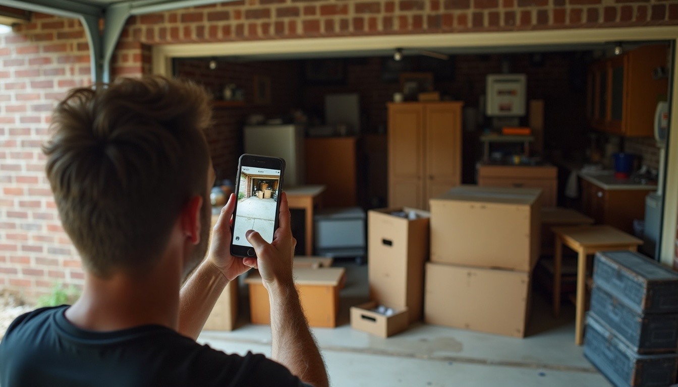 Homeowner taking a phone photo of old furniture and boxes in a garage
