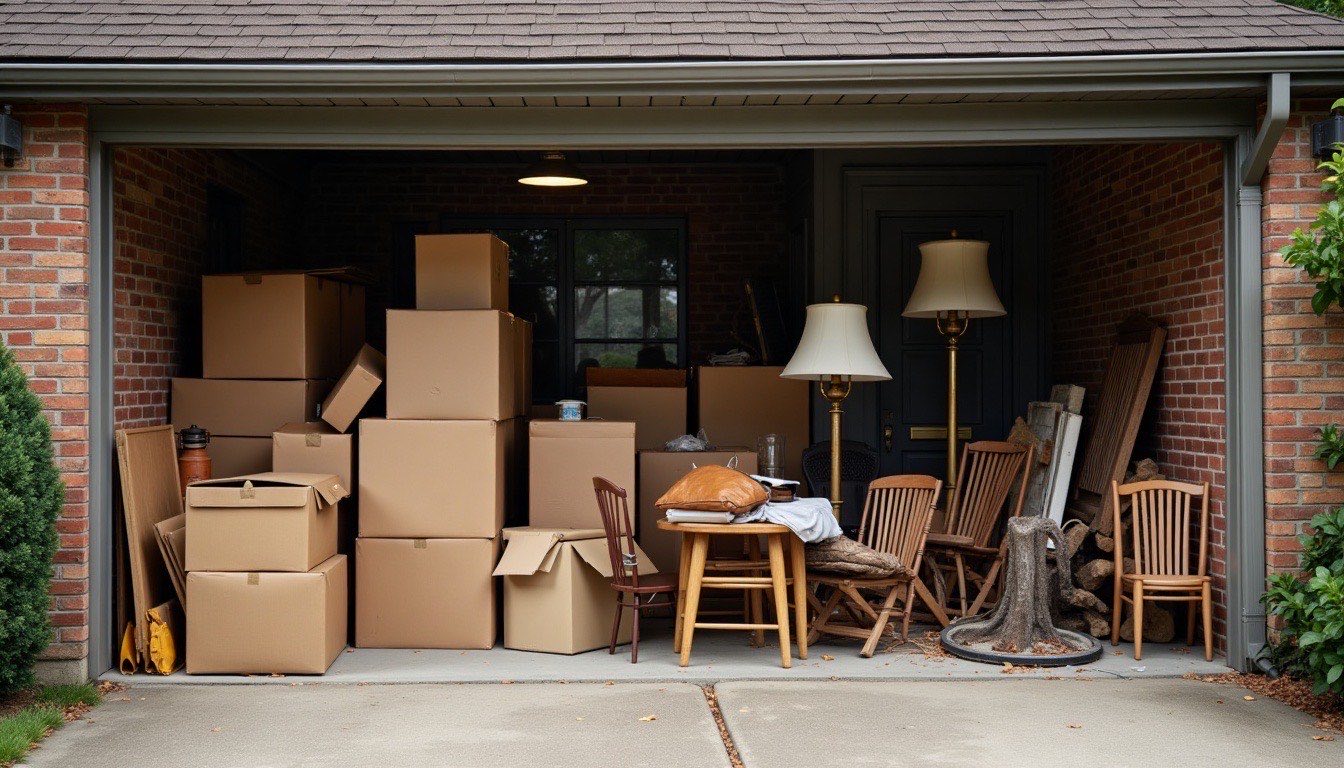 Three sorted piles under a carport: donation boxes, lamps and chairs, and broken items