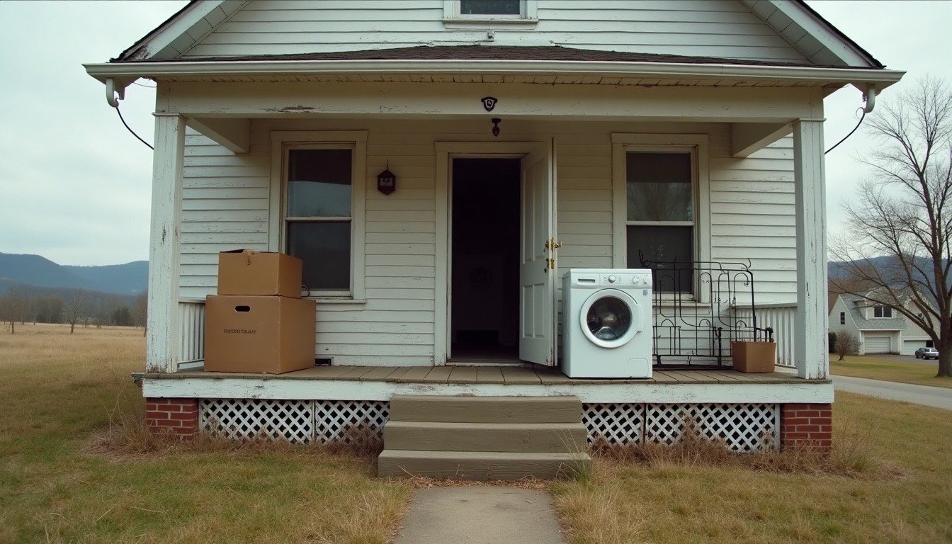 Front porch of an older white clapboard house with boxes, an iron bed frame and a washing machine waiting at the steps