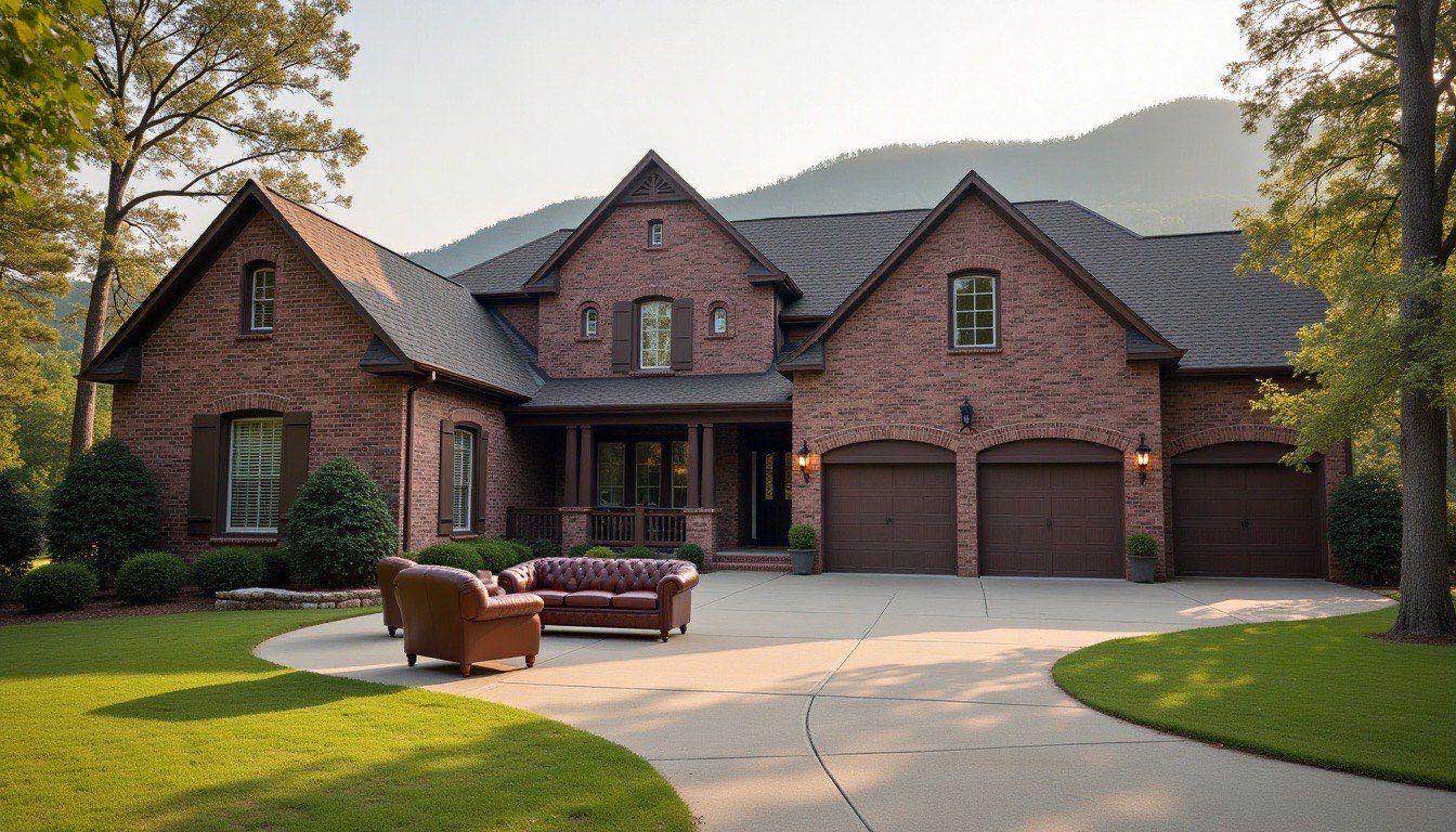 Large brick home with a three-car garage and a leather sofa and two armchairs staged on the driveway, mountain ridge behind