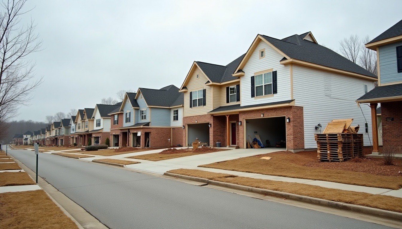 Brand-new two-story homes on a freshly paved street, one driveway stacked with cardboard, pallet scraps and a broken door