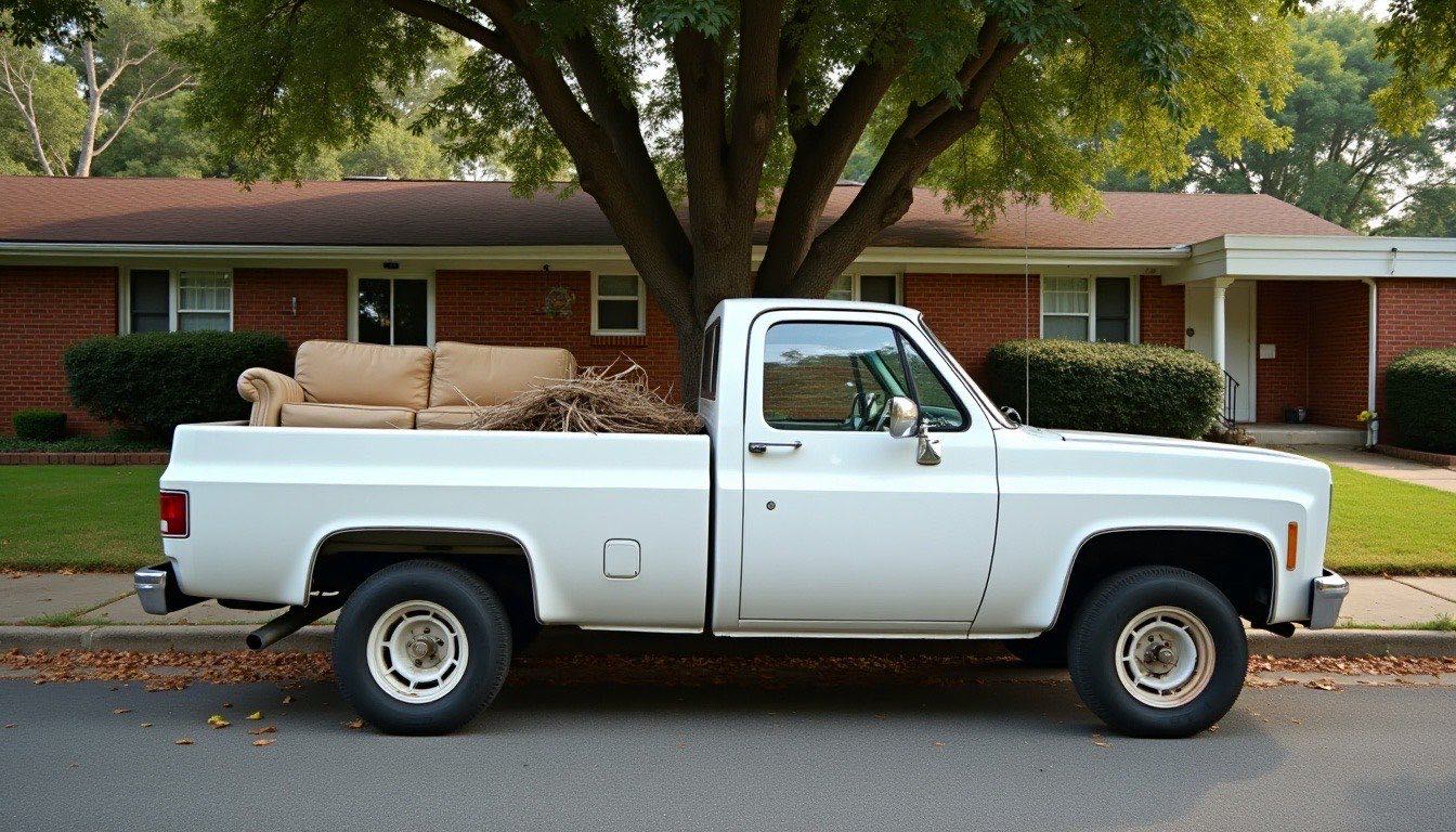 Plain white pickup with a loaded open bed parked on a quiet street of brick ranch homes under mature trees in north Alabama