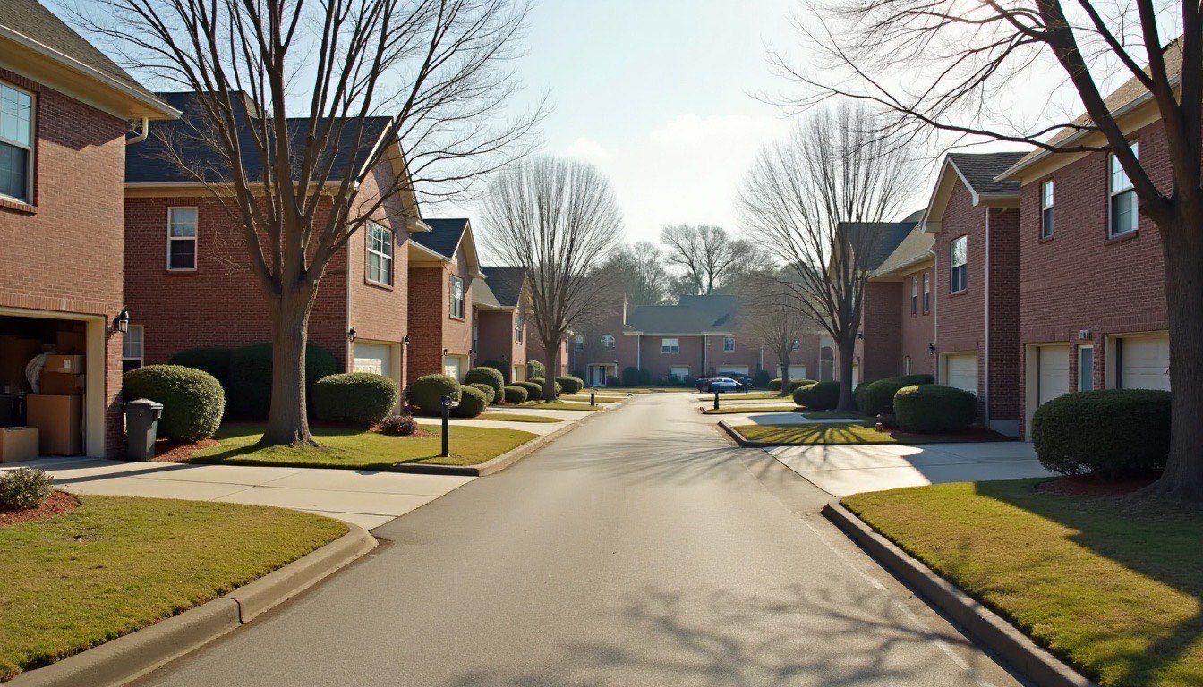 Curving subdivision street of brick-front two-story homes with an open garage full of boxes and a patio set at the curb