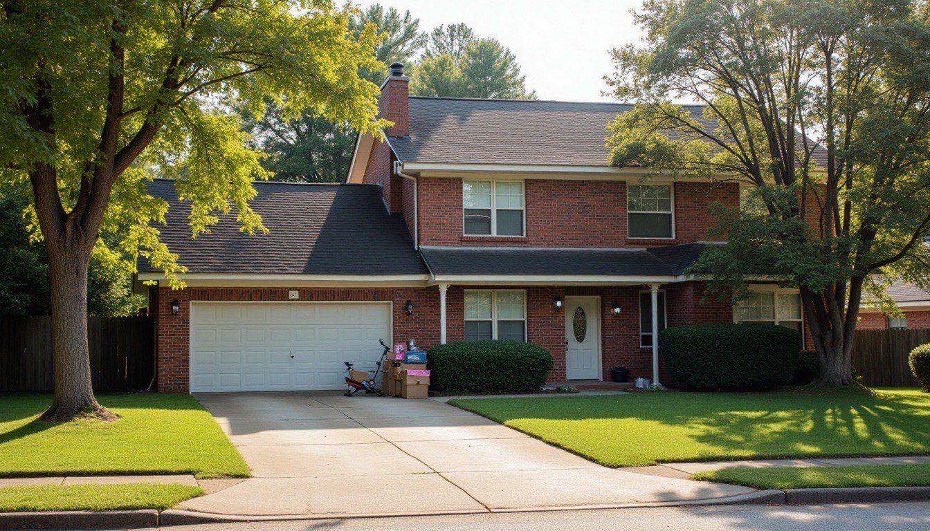 Brick two-story home with a full garage, boxes and an old exercise bike at the curb, crepe myrtles along the street