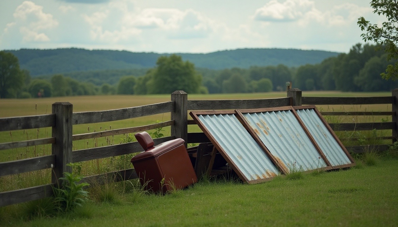 Broken wooden fence sections, a bent shed panel and water-stained furniture piled on a lawn with fields behind