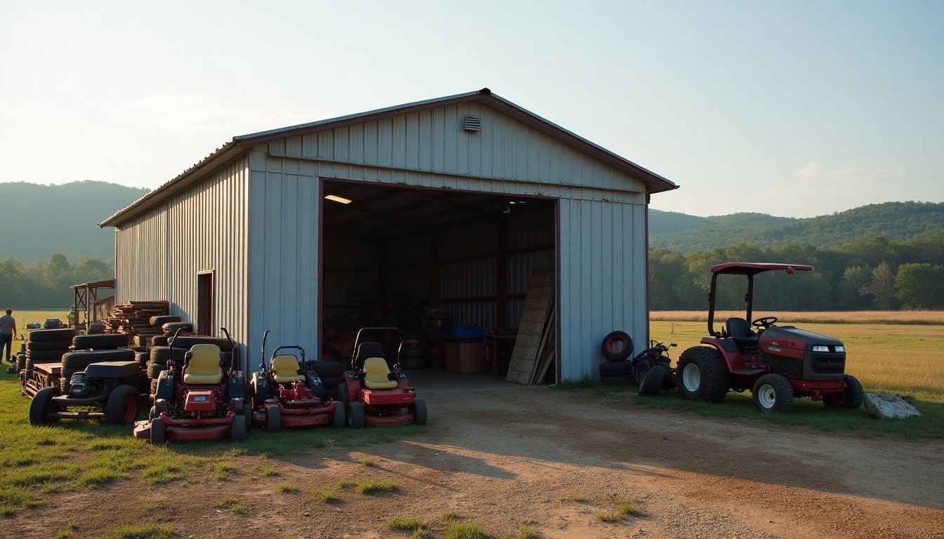 Metal shop building on an acreage lot with old mowers, tires and lumber piled out front and a mountain behind