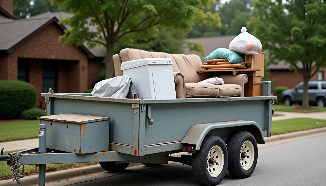 Open dump trailer loaded with a sofa, a washing machine, broken shelving and bagged yard waste