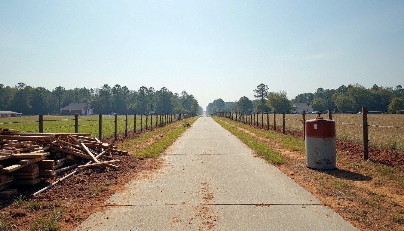 New subdivision street ending at a pasture fence, with lumber scraps and a rusted water heater beside a driveway