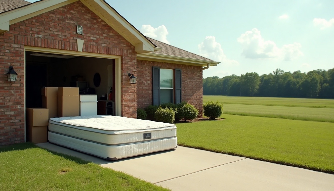 Newer single-story brick home with a mattress, moving boxes and a broken patio umbrella stacked at the garage door