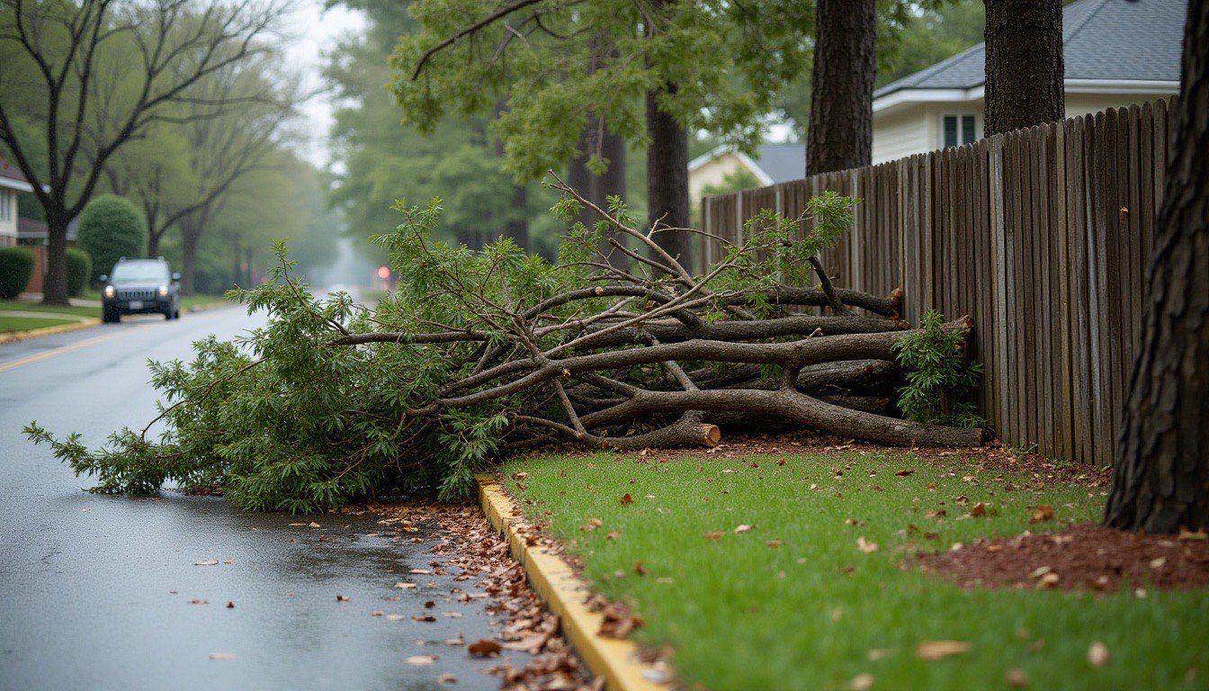Downed tree limbs stacked at the curb of a wet residential street in front of a wooden privacy fence